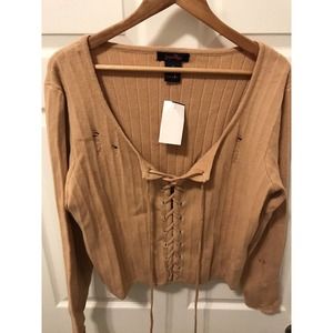 Sexy Distressed Sweater  Plus 2X, Light Gold Mustard, Low Cut